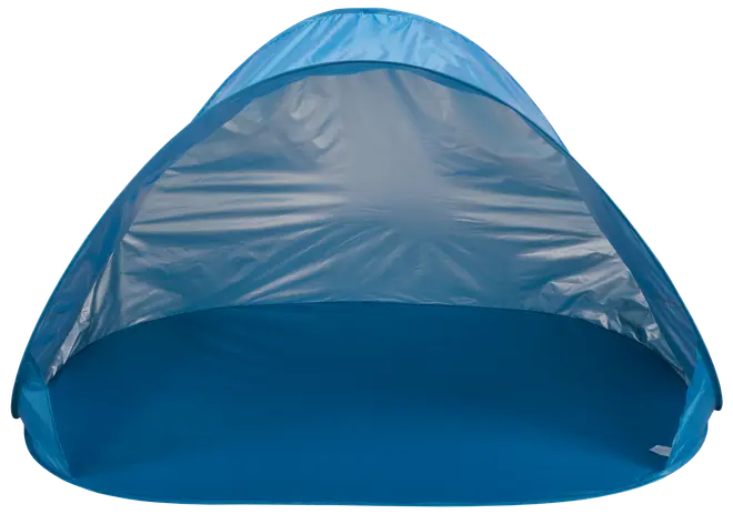 Blått pop-up strandtält med öppen framsida, rundad kupolform och golvmatta. Tillverkat av lätt, vattenavvisande material för solskydd och enkel transport.