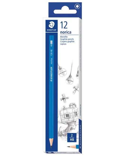 Æske med 12 Staedtler Norica blyanter, HB 2 hårdhed, sekskantede blå skaft, velegnet til skrivning og tegning. Emballagen har blyantillustration og tekniske skitser.