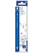 Æske med 12 Staedtler Norica blyanter, HB 2 hårdhed, sekskantede blå skaft, velegnet til skrivning og tegning. Emballagen har blyantillustration og tekniske skitser.