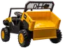 Børns legetøjs-dumptruck med stor gul lad, sort og gul karrosseri, robuste hjul, åbent førerhus, rat og realistiske detaljer. Velegnet til udendørs leg og transport af legetøj.