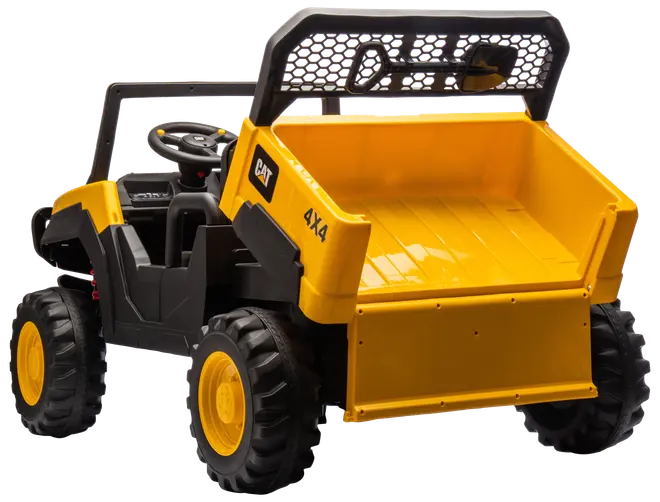 Børns legetøjs-dumptruck med stor gul lad, sort og gul karrosseri, robuste hjul, åbent førerhus, rat og realistiske detaljer. Velegnet til udendørs leg og transport af legetøj.