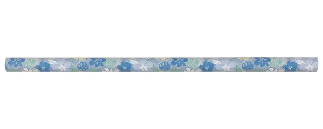 Lang smal dekorativ strimmel med blåt og hvidt blomsterprint på lys baggrund.