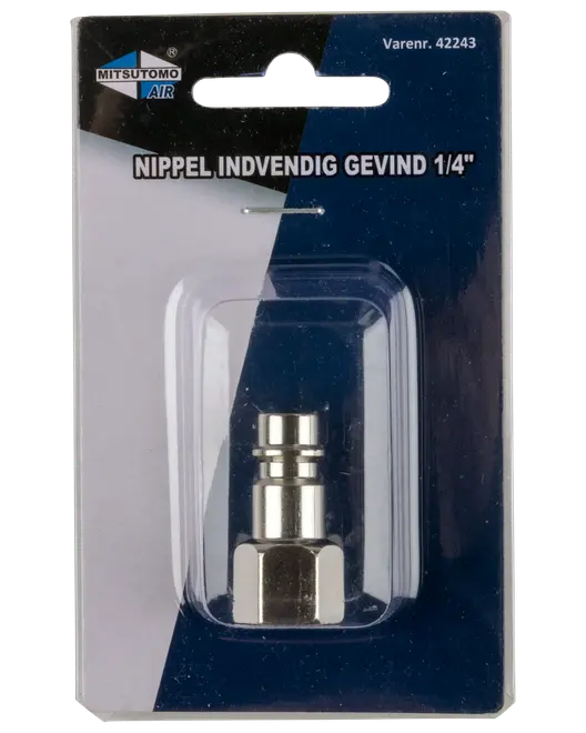 Mitsutomo Air 1/4" indvendig gevindnippel, metal, til trykluftforbindelser. Leveres i blisterpakning med produktinformation på forsiden. Holdbar og egnet til luftværktøj.
