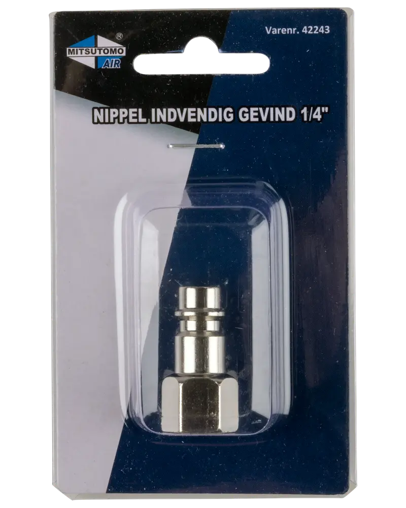Mitsutomo Air 1/4" indvendig gevindnippel, metal, til trykluftforbindelser. Leveres i blisterpakning med produktinformation på forsiden. Holdbar og egnet til luftværktøj.