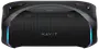 Bærbar HAVIT Bluetooth-højttaler med sort netfront, indbygget håndtag, LED-lysstriber på siderne og knapper på toppen. Moderne design, velegnet til udendørs og indendørs brug.