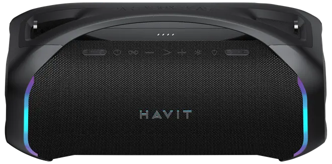 Bærbar HAVIT Bluetooth-højttaler med sort netfront, indbygget håndtag, LED-lysstriber på siderne og knapper på toppen. Moderne design, velegnet til udendørs og indendørs brug.