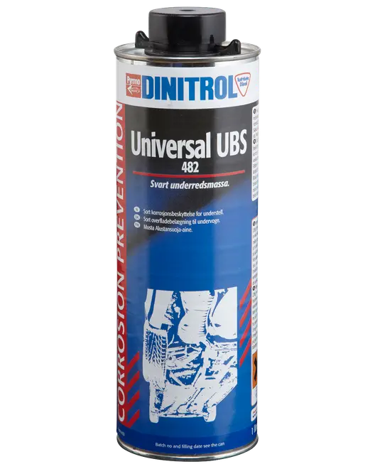 En-liters dåse Dinitrol Universal UBS 482 sort undervognsmasse til biler, beskytter mod korrosion. Med skruelåg og etiket med illustration af undervognsbehandling.