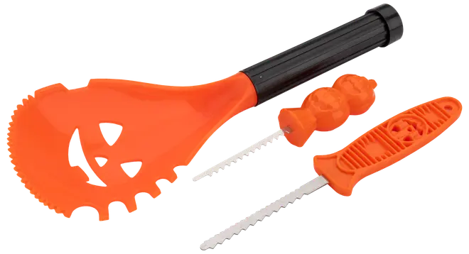 Græskarudskæringssæt med orange ske med græskarmotiv, to savtakkede udskæringsværktøjer med orange håndtag, designet til sikker og nem dekoration af græskar.