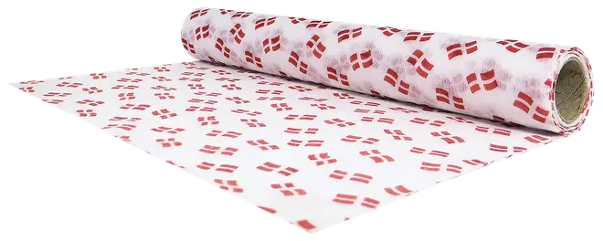 Rulle med hvidt gavepapir dekoreret med små røde Dannebrog-flag. Velegnet til gaveindpakning, festlige lejligheder eller nationale fejringer. Papiret virker blankt og let.