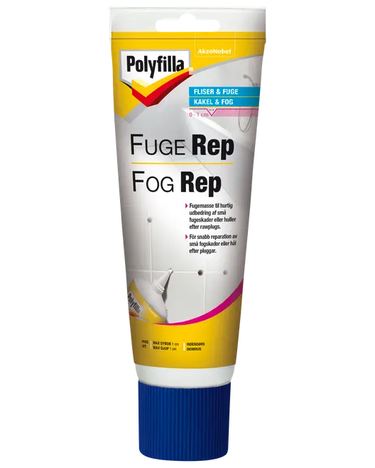 Polyfilla FugeRep tube til hurtig reparation af små fugeskader eller huller, egnet til fliser og fuger, med blå skruelåg og tydelige brugsanvisninger på emballagen.