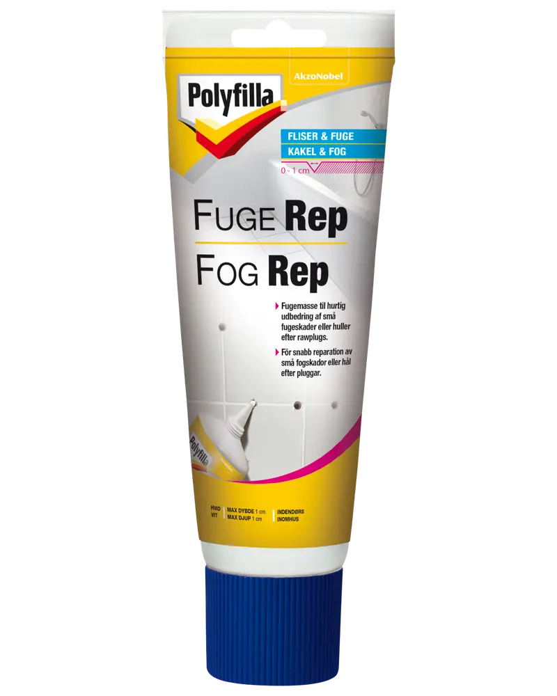 Polyfilla FugeRep tube til hurtig reparation af små fugeskader eller huller, egnet til fliser og fuger, med blå skruelåg og tydelige brugsanvisninger på emballagen.