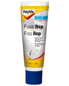 Polyfilla FugeRep tube til hurtig reparation af små fugeskader eller huller, egnet til fliser og fuger, med blå skruelåg og tydelige brugsanvisninger på emballagen.