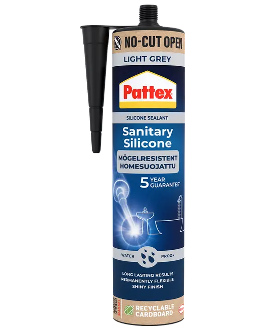 Pattex sanitær silikone fugemasse, lysegrå, skimmelsresistent, vandtæt, 5 års garanti, genanvendelig paprør, permanent fleksibel, blank finish, egnet til badeværelser og køkkener.