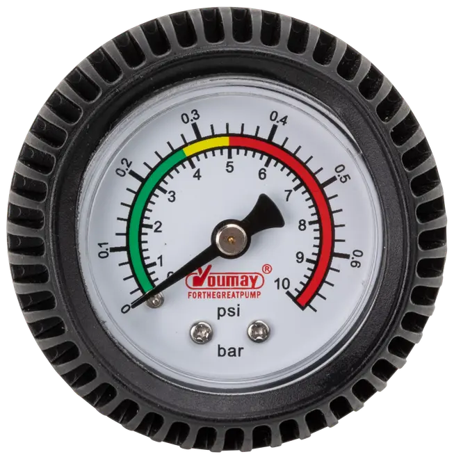Rund analog tryckmätare med svart gummikant, visar mätningar i psi och bar, färgkodad med grönt, gult och rött, passar till pumpar eller kompressorer.