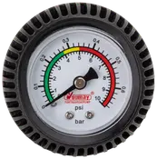 Rund analog tryckmätare med svart gummikant, visar mätningar i psi och bar, färgkodad med grönt, gult och rött, passar till pumpar eller kompressorer.