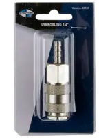 Mitsutomo Air lynkobling, 1/4 tomme, metal med riflet greb, pakket i blisterpakning. Velegnet til tilslutning af luftslanger og trykluftværktøj.