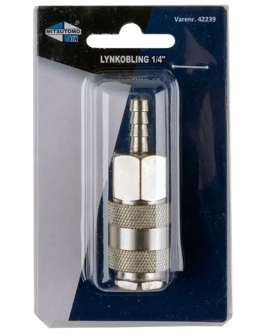 Mitsutomo Air lynkobling, 1/4 tomme, metal med riflet greb, pakket i blisterpakning. Velegnet til tilslutning af luftslanger og trykluftværktøj.