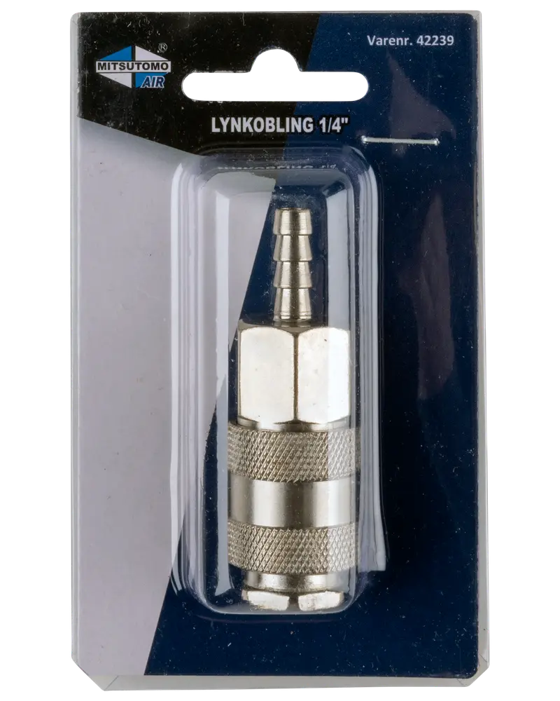 Mitsutomo Air lynkobling, 1/4 tomme, metal med riflet greb, pakket i blisterpakning. Velegnet til tilslutning af luftslanger og trykluftværktøj.