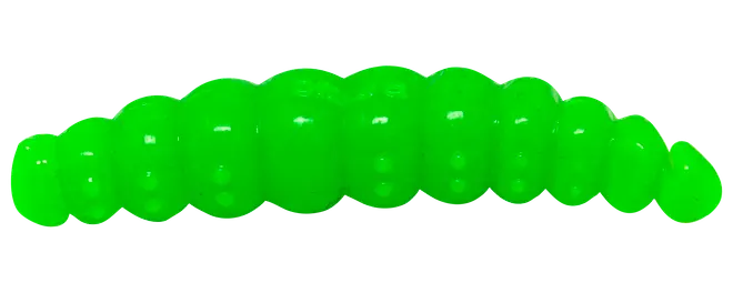 Ljusgrönt gelégodis format som en larv med segmenterad kropp och slät yta. Mjuk, seg och genomskinlig, perfekt som snacks eller festgodis. Cirka 8 cm lång.