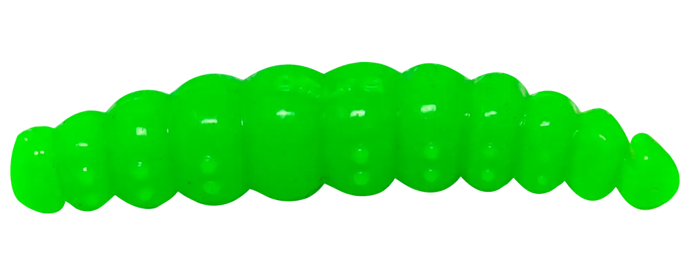 Ljusgrönt gelégodis format som en larv med segmenterad kropp och slät yta. Mjuk, seg och genomskinlig, perfekt som snacks eller festgodis. Cirka 8 cm lång.