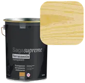 5-liters spand Saga Supreme transparent terrasseolie, oliebaseret, til udendørs træ. Prøve viser lys, naturlig træfinish med synlig årestruktur.