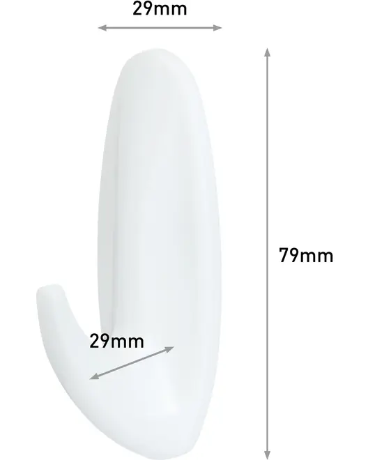 Vit plastkrok för vägg, 79 mm hög och 29 mm bred, med böjd krok. Slät yta, passar för lätta saker som nycklar eller hattar.