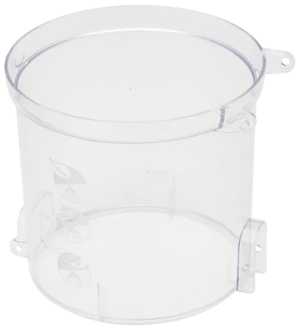 Genomskinlig plastbehållare i cylinderform med släta sidor, öppen topp och små monteringsflikar. Perfekt för förvaring eller som reservdel till köksmaskiner.