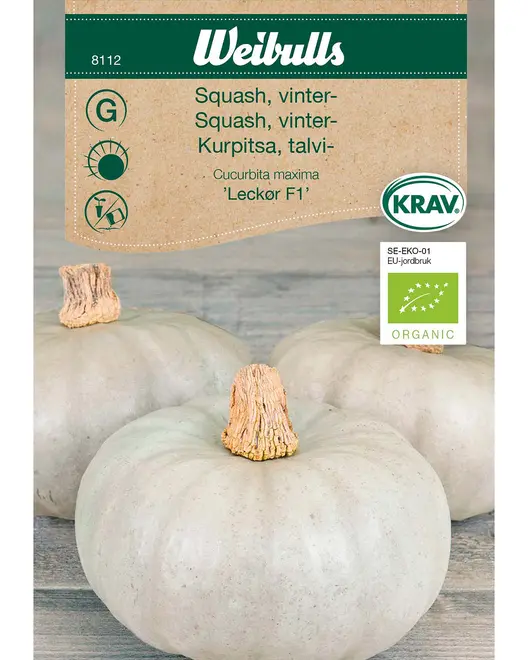 Pakke med økologiske vintersquashfrø, sorten 'Leckør F1'. Lyse, runde squash med ribbet skal og korte, tykke stilke. Velegnet til økologisk dyrkning.