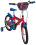 Spider-Man børnecykel med rød ramme, blå detaljer, støttehjul, skærme og karaktergrafik.