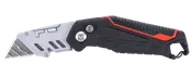 Svart och röd fällbar brytkniv med silverfärgat utdragbart blad och greppvänligt ergonomiskt handtag.
