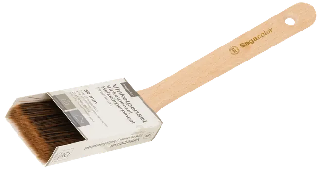 Vinklad målarpensel med träskaft, syntetborst och 50 mm brett borsthuvud. Passar för noggrann målning och kanter. Märke: Sagacolor.