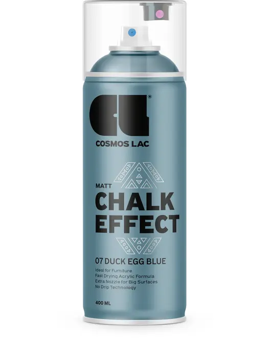 400 ml spraydåse med Cosmos Lac Matt Chalk Effect maling i Duck Egg Blue. Hurtigtørrende akrylformel, ekstra dyse til store flader, drypfri teknologi. Ideel til møbler.