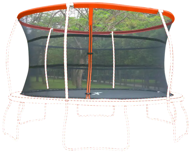 Rund udendørs trampolin med sikkerhedsnet, robust metalramme, orange polstret kant og lynlåsåbning. Velegnet til børn og voksne, vejrbestandige materialer, sikker hoppeoplevelse.