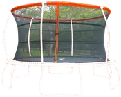 Rund studsmatta för utomhusbruk med skyddsnät, robust metallram, orange vadderad kant och dragkedjeingång. Säker hoppning för barn och vuxna, väderbeständiga material.