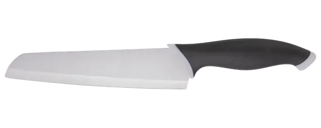 Keramisk køkkenkniv med hvidt blad og ergonomisk sort håndtag. Bladet er bredt og skarpt, ideelt til at skære grøntsager, frugt og benfrit kød.