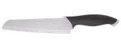 Keramisk køkkenkniv med hvidt blad og ergonomisk sort håndtag. Bladet er bredt og skarpt, ideelt til at skære grøntsager, frugt og benfrit kød.