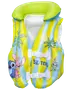 Oppustelig svømmevest til børn med blå og gule striber, grøn krave, Stitch-figurer, palmetræer, to hvide spænder og "Stitch"-logo på fronten.
