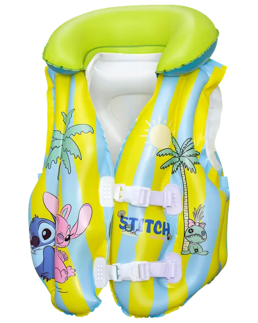 Oppustelig svømmevest til børn med blå og gule striber, grøn krave, Stitch-figurer, palmetræer, to hvide spænder og "Stitch"-logo på fronten.