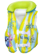 Oppustelig svømmevest til børn med blå og gule striber, grøn krave, Stitch-figurer, palmetræer, to hvide spænder og "Stitch"-logo på fronten.