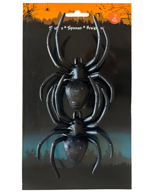 Förpackning med två stora svarta plastspindlar med detaljerade kroppar och långa ben, perfekta för Halloween-dekorationer eller temafester. Realistisk design för skrämmande effekt.