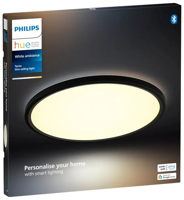 Philips Hue White Ambiance Tento slankt loftlys, rund form, sort ramme, smart belysning kompatibel med Alexa og Google Home, Bluetooth, justerbart hvidt lys.