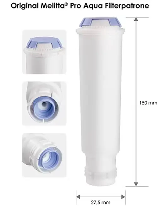 Original Melitta soppaqua vattenfilterpatron, cylindrisk form, vit med blått lock, 150 mm hög, 27,5 mm i diameter, detaljerade vyer av soppa och anslutningsändar.