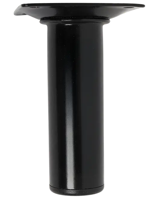 Sort metal møbelben med cylindrisk form og bred monteringsplade øverst. Holdbar finish, egnet til borde, skabe eller sofaer. Moderne, slankt design.
