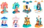 Assorterede farverige miniature forlystelsespark-legetøj, inklusive pariserhjul, raketstationer og karrusel-lignende forlystelser i pink, blå, orange og turkis.