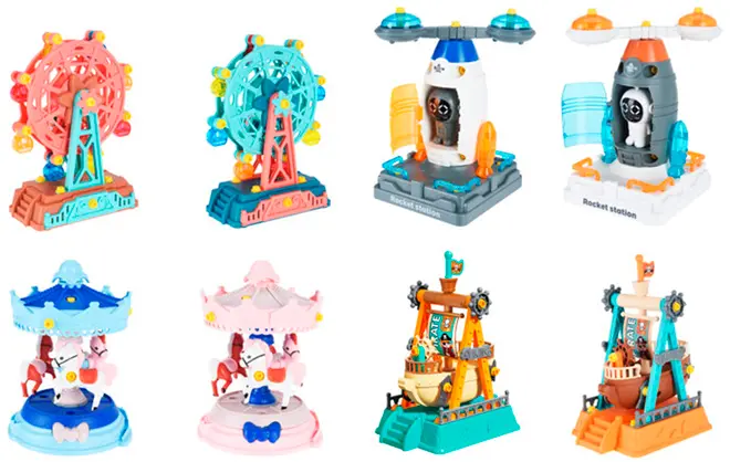 Assorterede farverige miniature forlystelsespark-legetøj, inklusive pariserhjul, raketstationer og karrusel-lignende forlystelser i pink, blå, orange og turkis.