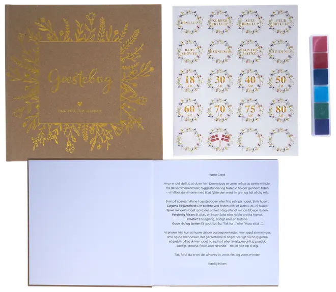 Gæstebogssæt med brun forside og guldfarvet blomstermotiv, inkluderer temaklistermærker til forskellige anledninger, stempelpude med fem farver og indersider til beskeder og..