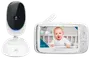 Motorola babyvakt med vit kameradel och 5-tums färgskärm, föräldraenhet med knappar och antenn för tydlig video- och ljudövervakning.