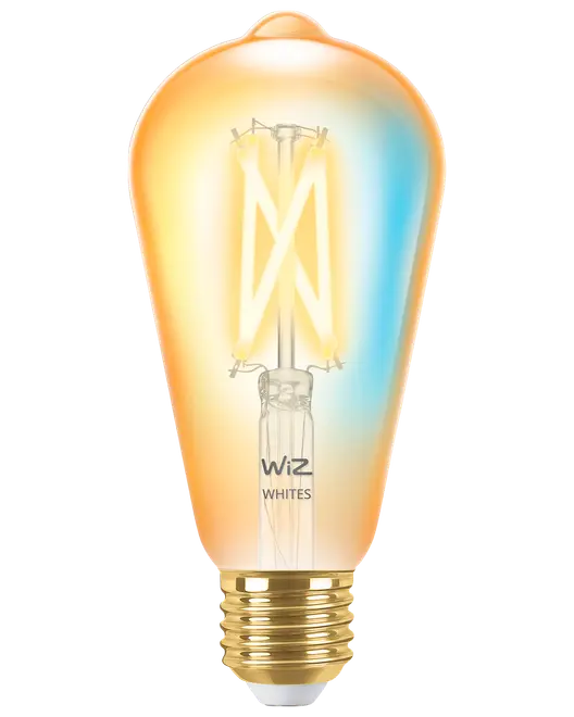 Vintage LED filamentpære med ravfarvet glas, E27 fatning og "WiZ Whites" mærkning. Justerbar hvidt lys, smart home kompatibel. Dekorativ og energieffektiv.