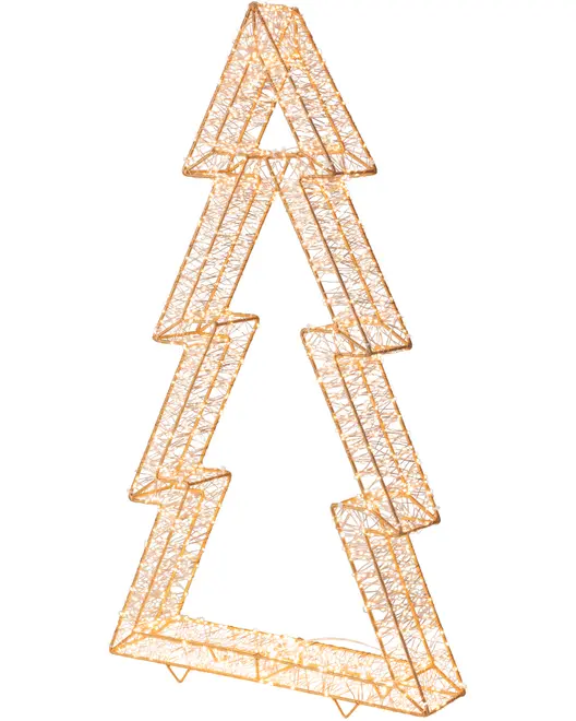 Guldfarvet trådramme-juletræ med zigzag-lag og trekantet top, fritstående på hvid baggrund.