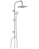 Modernt duschsystem i krom med fyrkantigt takduschhuvud, justerbart handduschmunstycke, vertikal stång, flexibel slang och inbyggd vattenreglage.